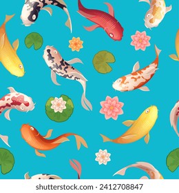 Fish pattern. Asian top view seamless background with exotic fishes exact vector picture for textile design projects