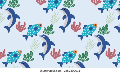 Fish pattern background. Fish illustration pattern. Fish and marine background. Perfect for fabrics, print, textile, wallpaper, and decor. SSTKbackgrounds 