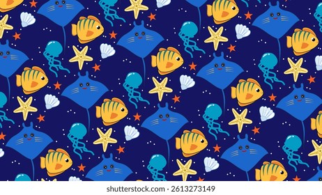 Fish pattern background. Underwater illustration pattern. Fish, marine, sea life background. Perfect for fabrics, print, textile, wallpaper, decor. SSTKbackgrounds 