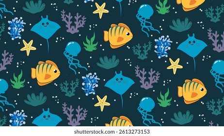 Fish pattern background. Underwater illustration pattern. Fish, marine, sea life background. Perfect for fabrics, print, textile, wallpaper, decor. SSTKbackgrounds 