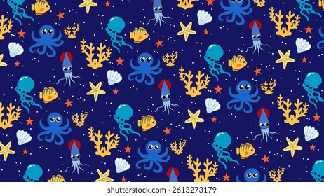 Fish pattern background. Underwater illustration pattern. Fish, marine, sea life background. Perfect for fabrics, print, textile, wallpaper, decor. SSTKbackgrounds 