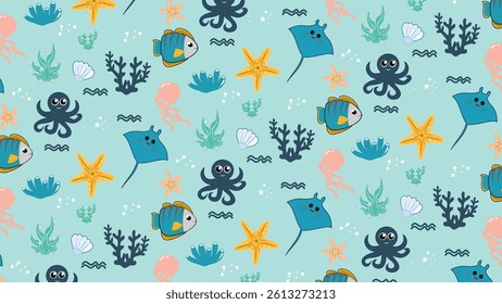 Fish pattern background. Underwater illustration pattern. Fish, marine, sea life background. Perfect for fabrics, print, textile, wallpaper, decor. SSTKbackgrounds 