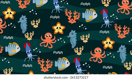 Fish pattern background. Underwater illustration pattern. Fish, marine, sea life background. Perfect for fabrics, print, textile, wallpaper, decor. SSTKbackgrounds 