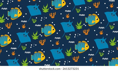 Fish pattern background. Underwater illustration pattern. Fish, marine, sea life background. Perfect for fabrics, print, textile, wallpaper, decor. SSTKbackgrounds 