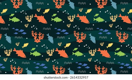 Fish pattern background. Underwater illustration pattern. Fish, marine, sea life background. Perfect for fabrics, print, textile, wallpaper, decor. SSTKbackgrounds 