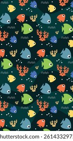 Fish pattern background. Underwater illustration pattern. Fish, marine, sea life background. Perfect for fabrics, print, textile, wallpaper, decor. SSTKbackgrounds 