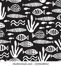 Fish pattern block print seamless vector texture background. Repeat cute kids ocean animal black and white pattern swatch. Distressed block print all over textile for fabric, wallpaper, children wear.