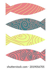 Fish pattern design for print, t-shirt design, design element. Primitive drawing. Colored fish pattern.