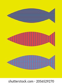 Diseño de patrones de peces para impresión, diseño de camisetas, elemento de diseño. Dibujo primitivo. Patrón de peces de colores.