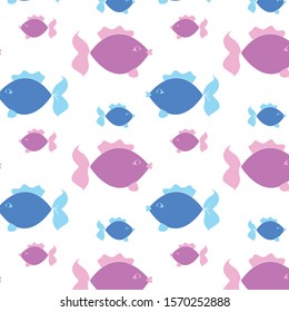 Fish pattern. Flat design. Cartoon style. Children's pattern for textiles and wrapping paper. Small blue colorful fishes on white background. Undersea world. Abstract vector pattern 