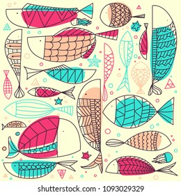 Fish Pattern Hand Drawn. Underwater doodle collection created by vector.