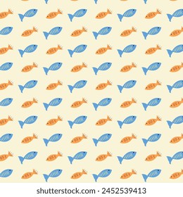 Fish Pattern: Minimalist Hand-Drawn Design on Pale Yellow Background
