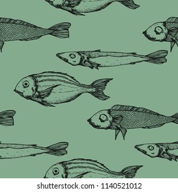 fish pattern on greeb background,hand draw