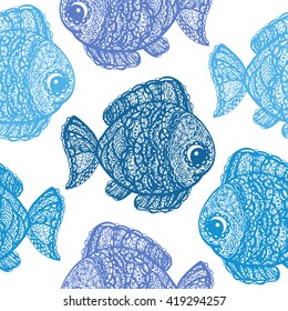 Fish pattern in paisley mehndi doodle style. Cartoon fish illustration pattern. Pattern with abstract fish drawing. Colorful wallpaper seamless textile pattern. Sea pattern. Aquarium pattern.