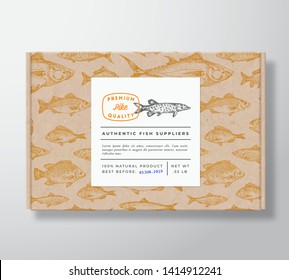 Fish Pattern Realistic Cardboard Box with Banner. Abstract Vector Packaging Design or Label. Modern Typography, Hand Drawn Pike Silhouette. Craft Paper Background Layout. Isolated.