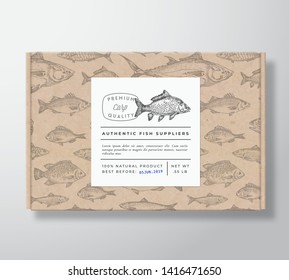 Fish Pattern Realistic Cardboard Box with Banner. Abstract Vector Packaging Design or Label. Modern Typography, Hand Drawn Carp Silhouette. Craft Paper Background Layout. Isolated.