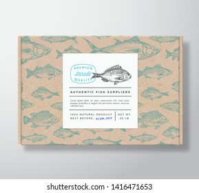 Fish Pattern Realistic Cardboard Box with Banner. Abstract Vector Packaging Design or Label. Modern Typography, Hand Drawn Dorado Silhouette. Craft Paper Background Layout. Isolated.