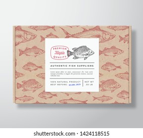Fish Pattern Realistic Cardboard Box with Banner. Abstract Vector Packaging Design or Label. Modern Typography, Hand Drawn Tilapia Silhouette. Craft Paper Background Layout. Isolated.
