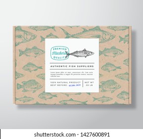 Fish Pattern Realistic Cardboard Box with Banner. Abstract Vector Packaging Design or Label. Modern Typography, Hand Drawn Mackerel Silhouette. Craft Paper Background Layout. Isolated.