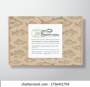 Fish Pattern Realistic Cardboard Box with Banner. Abstract Vector Packaging Design or Label. Modern Typography, Hand Drawn Eel Silhouette. Craft Paper Background Layout. Isolated.