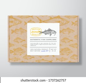 Patrón de pescado Caja de cartón realista con cartel. Resumen de diseño o etiqueta de empaque vectorial. Typografía moderna, Silhouette de Surmullet dibujado a mano. Diseño de fondo de papel de dibujo. Aislado.