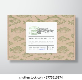 Fish Pattern Realistic Cardboard Box with Banner. Abstract Vector Packaging Design or Label. Modern Typography, Hand Drawn Catfish Silhouette. Craft Paper Background Layout. Isolated.