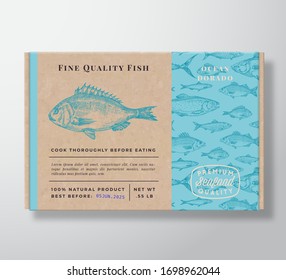 Fish Pattern Realistic Cardboard Container. Abstract Vector Seafood Packaging Design or Label. Modern Typography, Hand Drawn Dorado Silhouette. Craft Paper Box Pattern Background Layout. Isolated.