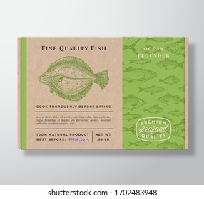 Contenedor de cartón realista de patrón de pescado. Diseño o Etiqueta de Embalaje de Mariscos de Vector Abstracto. Tipografía Moderna, Silhouette de Flounder dibujado a mano. Diseño de fondo del patrón de cuadro de papel de dibujo. Aislado.