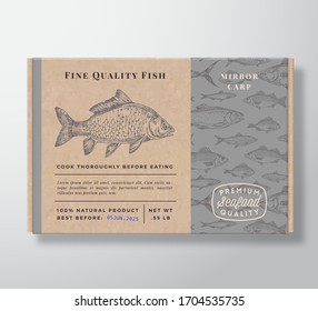 Fish Pattern Realistic Cardboard Container. Abstract Vector Seafood Packaging Design or Label. Modern Typography, Hand Drawn Carp Fish Silhouette. Craft Paper Box Pattern Background Layout. Isolated.