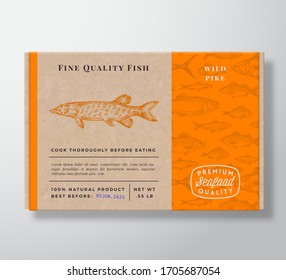 Contenedor de cartón realista de patrón de pescado. Diseño o Etiqueta de Embalaje de Mariscos de Vector Abstracto. Tipografía moderna, silueta de cerdo dibujado a mano. Diseño de fondo del patrón de cuadro de papel de dibujo. Aislado.