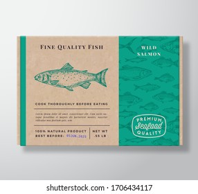 Fish Pattern Realistic Cardboard Container. Abstract Vector Seafood Packaging Design or Label. Modern Typography, Hand Drawn Salmon Silhouette. Craft Paper Box Pattern Background Layout. Isolated.