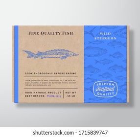 Fish Pattern Realistic Cardboard Container. Abstract Vector Seafood Packaging Design or Label. Modern Typography, Hand Drawn Sturgeon Silhouette. Craft Paper Box Pattern Background Layout. Isolated.