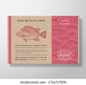 Fish Pattern Realistic Cardboard Container. Abstract Vector Seafood Packaging Design Or Label. Modern Typography, 