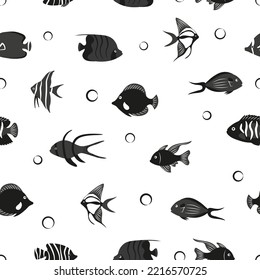 Patrón de peces. Ilustración vectorial de silueta de pescado de mar blanco y negro sin foco.