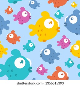 Fish pattern seamless cartoon style. Sea animal vector background. ocean character ornament