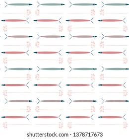 
Fish pattern in simple line  style. Abstract vector pattern in scandinavian style with cute decorative textured fish and hand drawn dill or fennel plant in pastel colors.