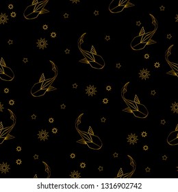 Fish pattern. Starry pattern. Origami koi fish. Carp silhouette. Seamless pattern. Black background. For cloth, fabric, wrapping paper, home decor.