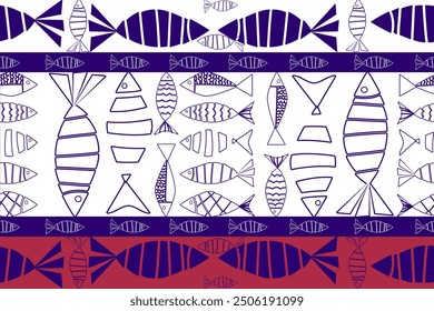 Fish pattern, symbol, white on blue surface, seamless