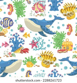 Patrón de peces. Patrón fluido del mundo submarino. Diseño textil para niños. Diseño de impresión de caricaturas de peces