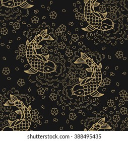 Fish pattern. Vector line seamless koi fish backround