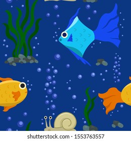 Fish pattern in vector on blue background. Use when printing on fabric, paper