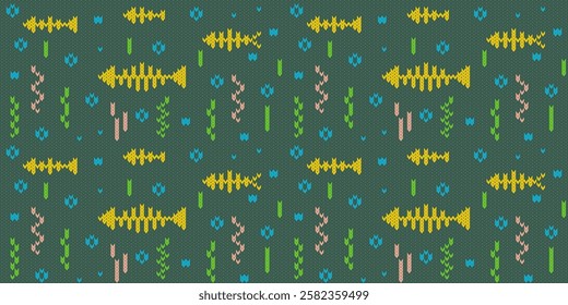 Fish pattern in water and seaweed. Design of knitted fabric texture for background, print, fabric pattern, document cover.