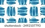 Fish pattern in white and shades of blue. Vector illustration.