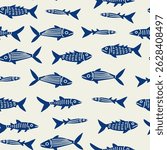 Fish pattern in white and shades of blue. Vector illustration.