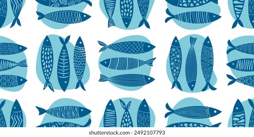 Fish pattern in white and shades of blue. Vector illustration.