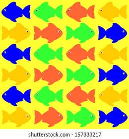 fish pattern in yellow, green and blue on yellow background.