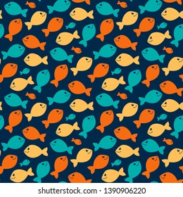 Fish pattern.Vector abstract  seamless background with sea animals,such as colorful fish blue,yellow,orange on a dark blue background.