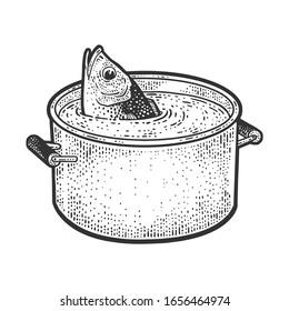 Fish peeks out of a pot of water sketch engraving vector illustration. T-shirt apparel print design. Scratch board imitation. Black and white hand drawn image.