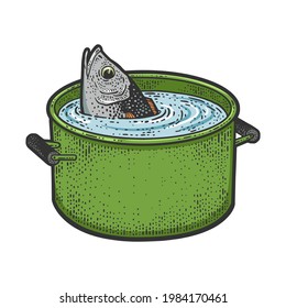 Fish peeks out of a pot of water color line art sketch engraving vector illustration. T-shirt apparel print design. Scratch board imitation. Black and white hand drawn image.