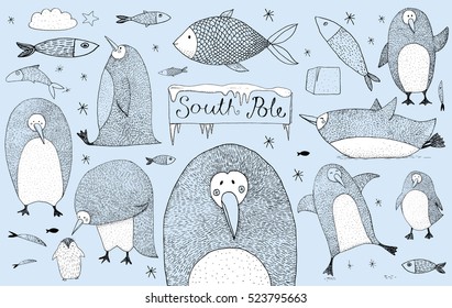 Fish and Penguin hand drawn set. Original characters. South Pole Winter theme. Black drawing on a blue background.